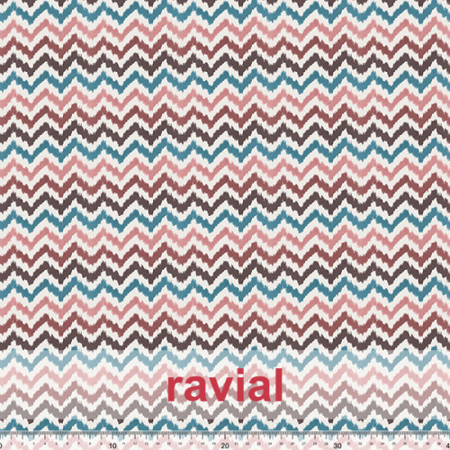 Tejido apariencia lino, reciclado. Estampado geométrico de rayas haciendo zig-zag.