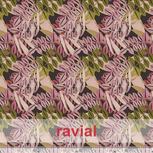 Tela de gasa tupida. Estampado de hojas y ramas.