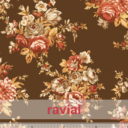Tela de punto. Tejido de uso habitual para faldas de ensayo. Suave, con mucha caída. Estampado de flores grandes.