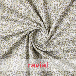 VIELLA ALGODON ESTP. Tejido de viella de algodón estampado de hojas con rayas de fondo.