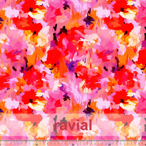 Tejido de poliéster reciclado tipo crep. Estampado de flores abstractas.