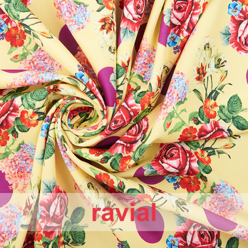 GUAJIRA. Tissu doux bi-elastique techno-pêche, imprimé floral et pois fins (4 cm).